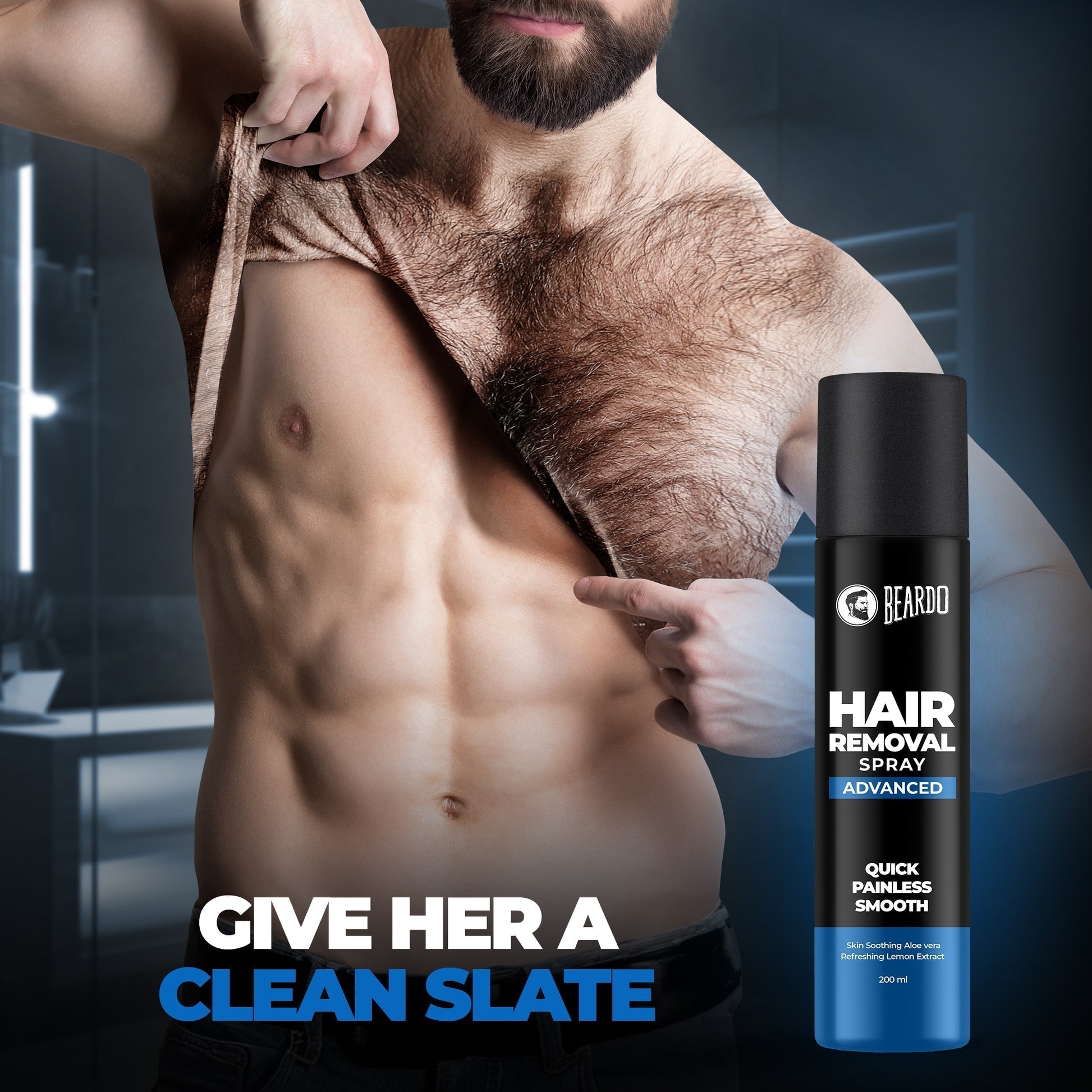 Man with hairy chest and back, holding a towel, with a Beardo hair removal spray can displayed.