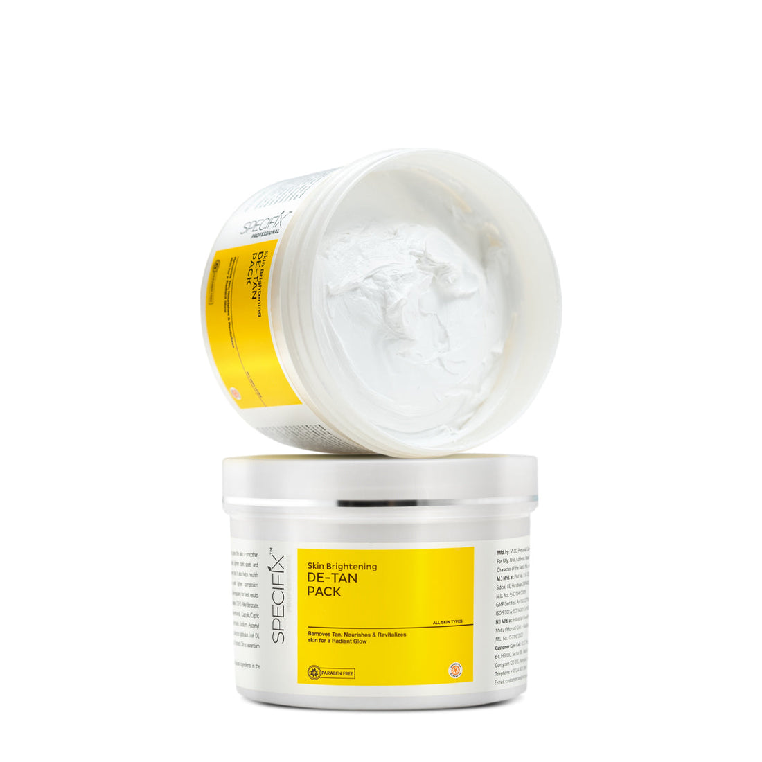 Two jars of Specifak Skin Brightening De-Tan Pack on a white background