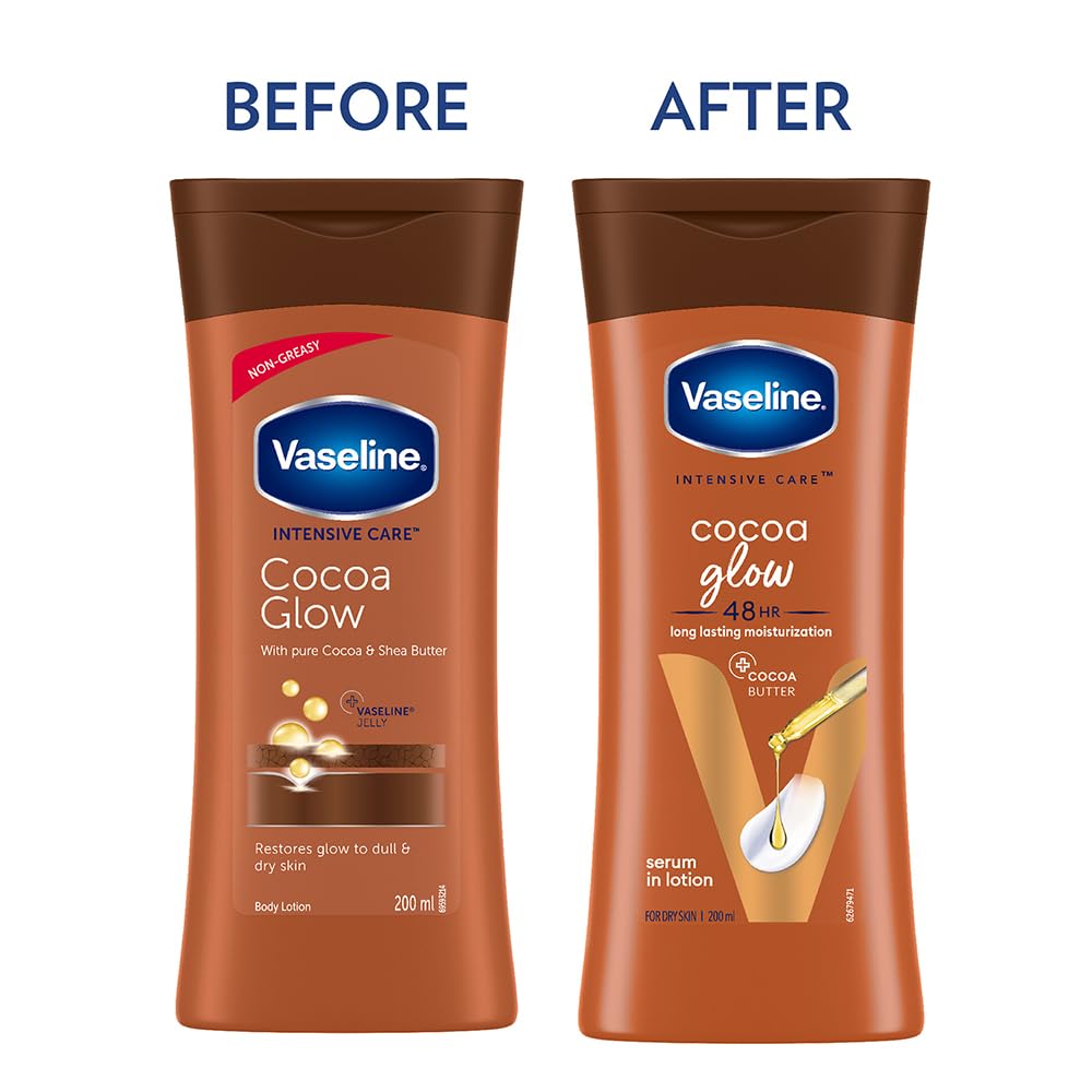 Vaseline Intensive Care Cocoa Glow lotion packaging with 'Before' and 'After' comparison on a white background.